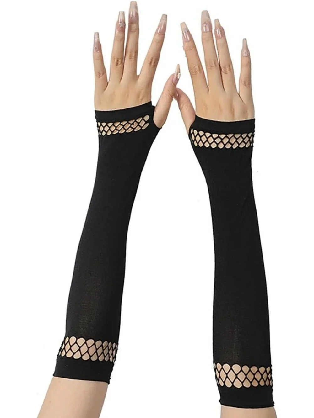 Women's Black Long Solid Arm Warmers Fishnet Mesh Trim Fingerless Gothic Gloves